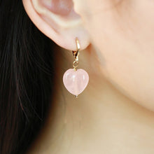 Load image into Gallery viewer, Pair of elegant 18K gold plated earrings featuring 10/12mm rose quartz hearts, adding a touch of romance and elegance to any outfit
