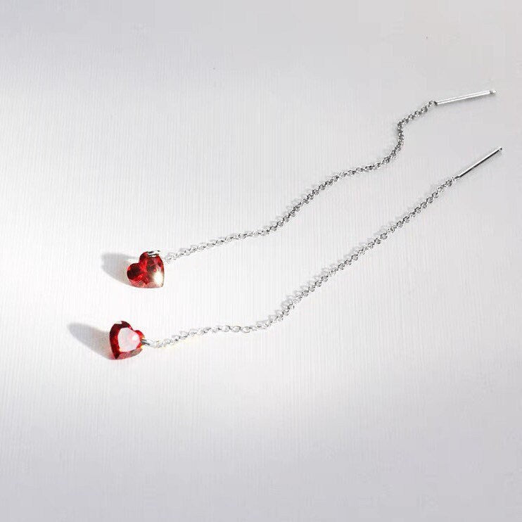 Garnet Red Heart Cubic Zirconia Chain Threader Earrings 10cm Hypoallergenic Minimalist