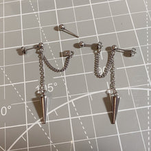 Load image into Gallery viewer, Pair of hypoallergenic surgical steel double piercing earrings, featuring 2cm seamless spike designs, with a total length of 5-5.5cm, inspired by K-pop and BTS style.
