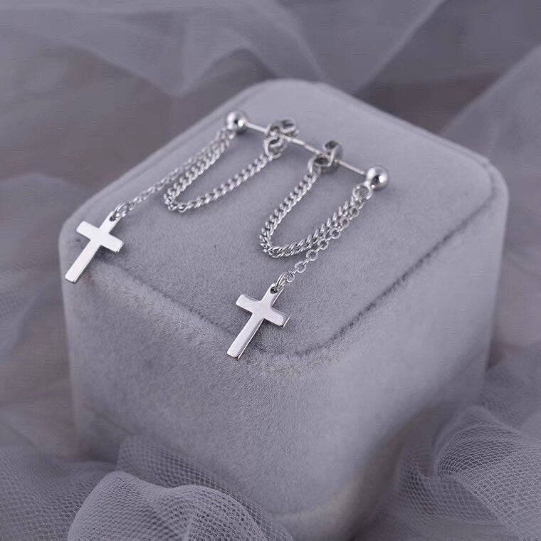 Korean Fashion Kpop Steel Small 18mm Cross Chain Stud Earrings 5cm