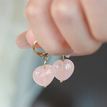 Load image into Gallery viewer, Pair of elegant 18K gold plated earrings featuring 10/12mm rose quartz hearts, adding a touch of romance and elegance to any outfit
