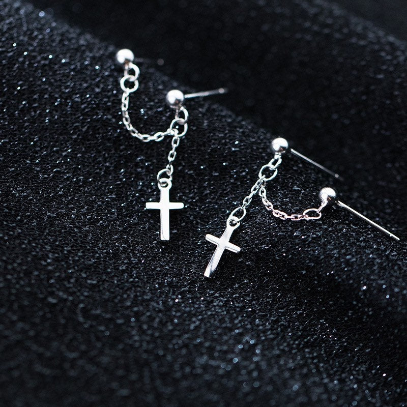 Double Piercing Stud Surgical Stainless Steel 18mm Cross Charm Earrings 3.5-4cm Hypoallergenic Gothic