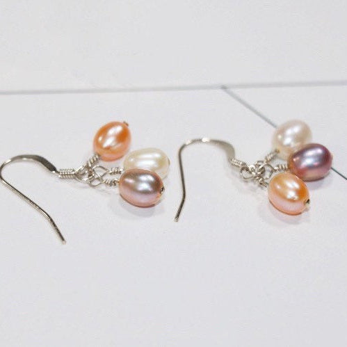 S925 Sterling Silver 4mm Oval Natural AAA Pearls Multiple Color Earrings Small Dangle