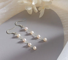 이미지를 갤러리 뷰어에 로드 , 925 Silver Dangle Earrings with 4mm Button Pearls and Chains, 5cm in Length, Elegant Jewelry
