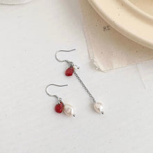 Load image into Gallery viewer, Gold Plated Sterling Silver/ S925 Sterling Silver Asymmetrical 2pc Different Design 6mm Heart Red CZ 5mm Baroque Oval Pearls Earrings
