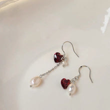 Load image into Gallery viewer, Gold Plated Sterling Silver/ S925 Sterling Silver Asymmetrical 2pc Different Design 6mm Heart Red CZ 5mm Baroque Oval Pearls Earrings
