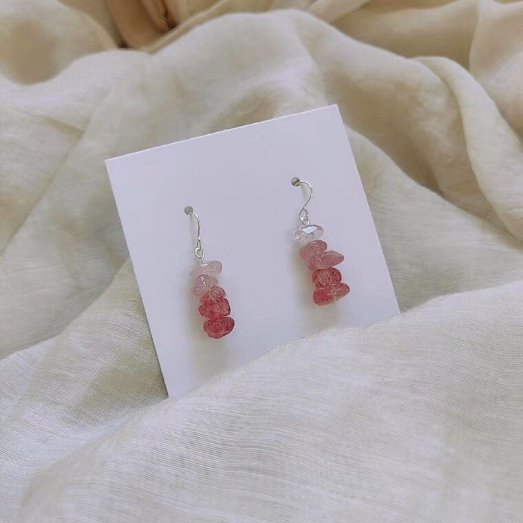 Surgical Steel Strawberry Quartz Crystal Chips Earrings Dangle