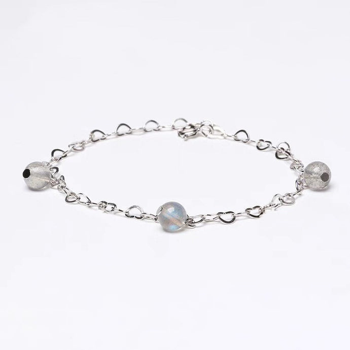 3-4mm heart chain bracelet with 6mm AAA labradorite gemstones, made of solid stainless steel, available in 6, 7, or 8 inches with an extender.