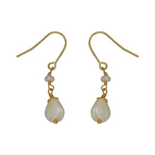 Load image into Gallery viewer, 18K gold plated dangle earrings featuring 8-9mm natural mother of pearl white champaca flowers, perfect for adding elegance and sophistication to any outfit.
