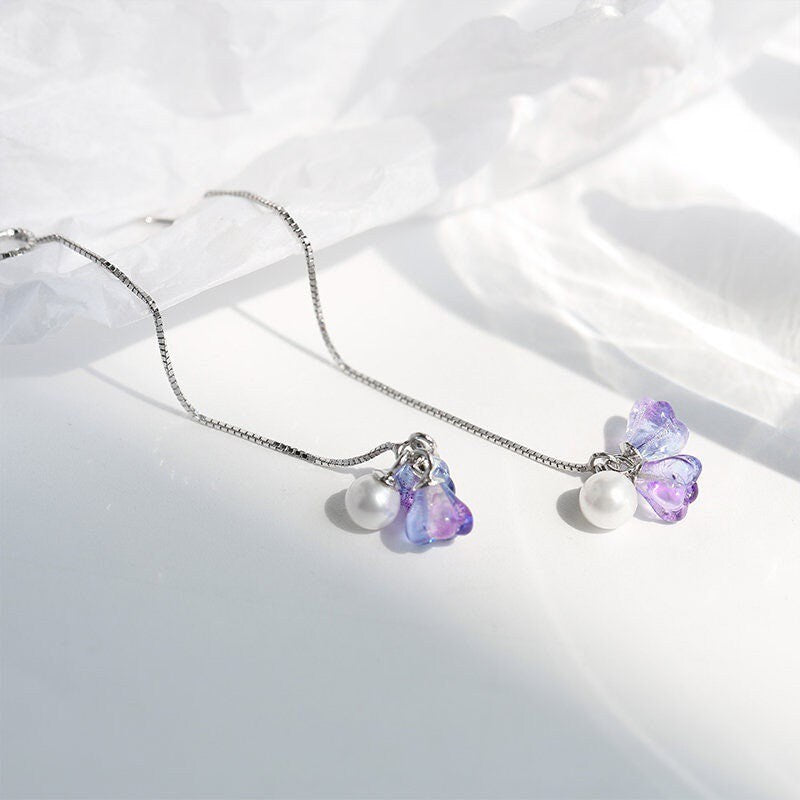 Platinum Plated S925 6mm Purple Glass Crystal Flower Natural Pearls Threader Earrings