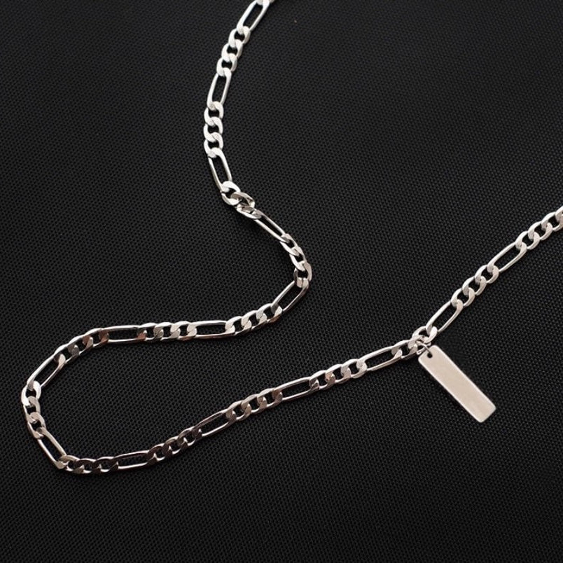 Minimalist Solid Stainless Steel Figaro Chain Necklace with 2cm Rectangle Charm 16-18 inches Unisex