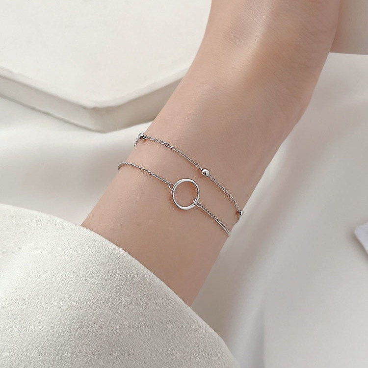 Double Layers Stainless Steel 10mm Circle Ring Charm 3mm Bead Chain Bracelet 6/7/8 Inches with Extender