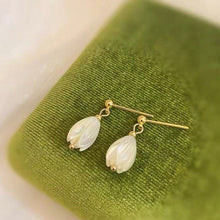 Load image into Gallery viewer, A pair of 18K Gold Plated or surgical steel earrings with white Champaca flower designs made from mother of pearl, measuring 8-9mm.
