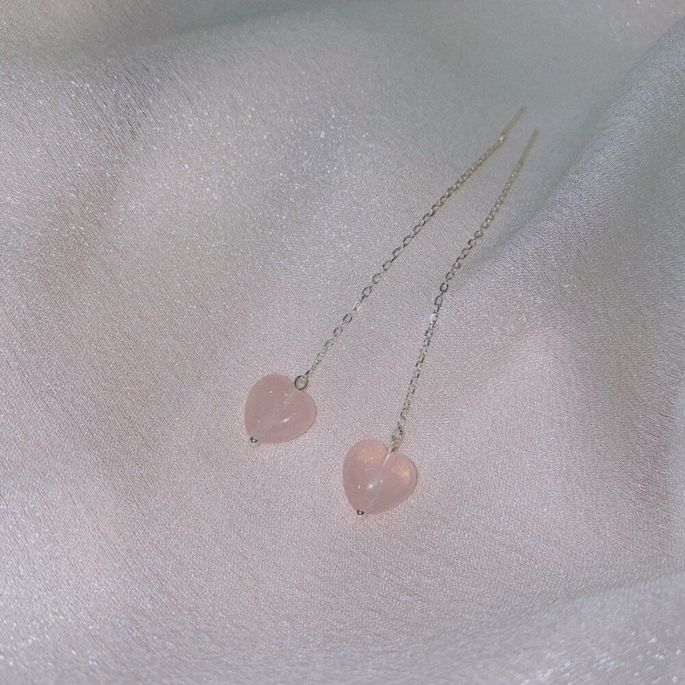 Stainless Steel 10x11mm Natural Rose Quartz Heart Threader Earrings 8cm/10cm