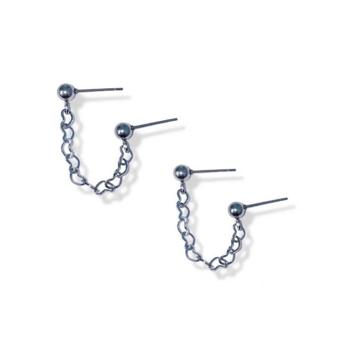 Pair of double piercing heart chain earrings made from solid stainless steel, hypoallergenic and elegant.