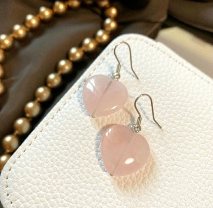 925 Silver Dangle Earrings with 12mm Large Natural Rose Quartz Love Heart Shapes, Romantic Jewelry