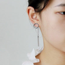 Load image into Gallery viewer, Steel earrings featuring a 13mm circle ring stud connected to a 3cm rectangle, with a total length of 6cm. Bold and modern design suitable for making a statement.
