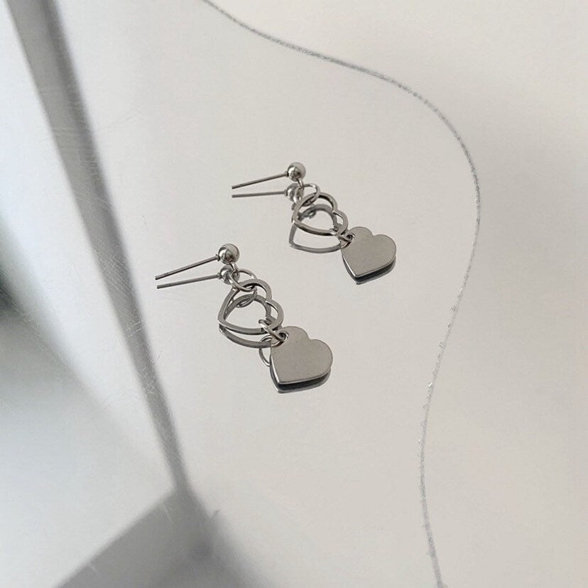 Solid Stainless Steel Double Heart Charms Earrings Stud