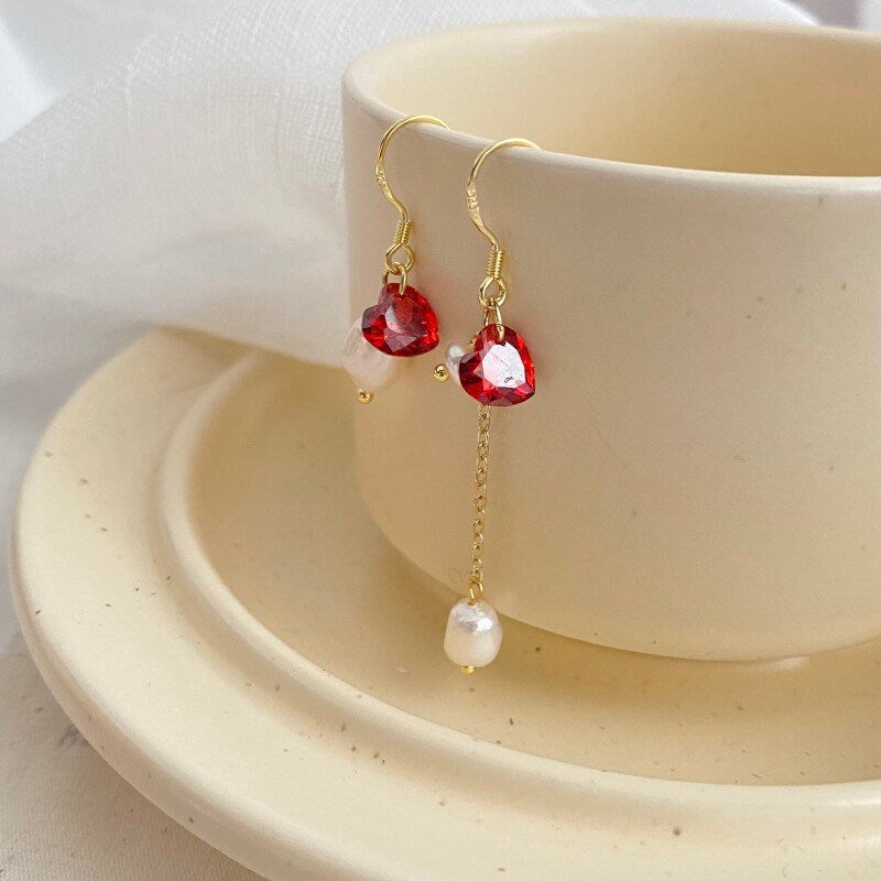 Gold Plated Sterling Silver/ S925 Sterling Silver Asymmetrical 2pc Different Design 6mm Heart Red CZ 5mm Baroque Oval Pearls Earrings