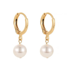 Load image into Gallery viewer, 18K gold plated earrings with 8mm glass crystal pearls, perfect for minimalist everyday jewelry that adds a touch of sophistication to any outfit.
