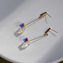 Load image into Gallery viewer, Chic 1cm rectangle bar stud earrings, available in gold-plated or 316 surgical stainless steel, featuring 8mm clear AB cube bars.
