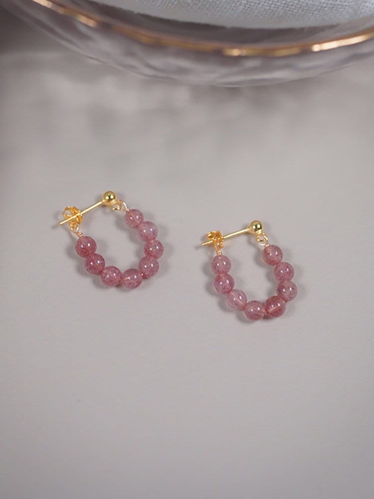 18K gold plated earrings with AAA-grade natural strawberry quartz 4mm round beads, perfect for adding a touch of sophistication and femininity to any outfit.