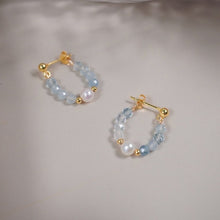 Load image into Gallery viewer, 18K Gold Plated Mini 3-4mm Aquamarine Natural Gemstone 6mm Pearls Hoop Stud Earrings
