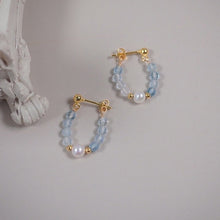 Load image into Gallery viewer, 18K Gold Plated Mini 3-4mm Aquamarine Natural Gemstone 6mm Pearls Hoop Stud Earrings
