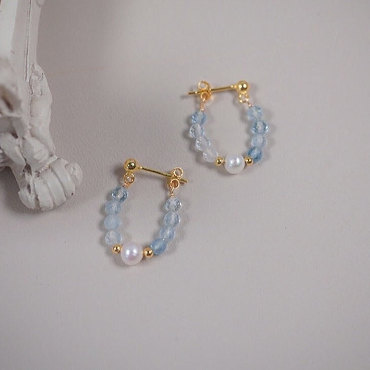 18K Gold Plated Mini 3-4mm Aquamarine Natural Gemstone 6mm Pearls Hoop Stud Earrings