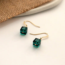 이미지를 갤러리 뷰어에 로드 , A pair of 18K gold plated dangle earrings featuring 6mm sugar cube green beads, offering a vibrant touch to the sophisticated gold setting.
