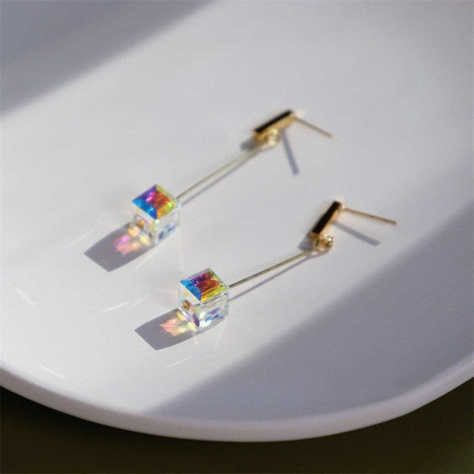 Chic 1cm rectangle bar stud earrings, available in gold-plated or 316 surgical stainless steel, featuring 8mm clear AB cube bars.