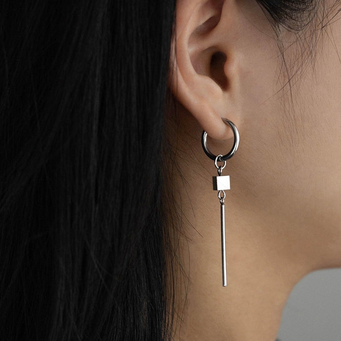 Surgical stainless steel cube charm hoop earrings, 6cm in diameter, available as a single piece or a pair.