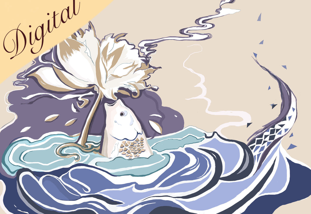 디지털 파일 다운로드 중국 이야기 인쇄용 물고기와 꽃 13x9인치 PS Photoshop JPG