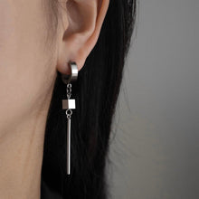 Load image into Gallery viewer, Surgical stainless steel Korean huggie earrings with 4mm cube design, 3cm rectangle charm, and 5-6cm hoop.
