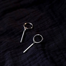 Load image into Gallery viewer, Minimalist hoop earrings with 2cm rectangle charm, available in 15mm or 17mm sizes. Crafted from surgical steel, hypoallergenic and safe for sensitive ears.
