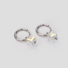 Load image into Gallery viewer, Minimalist hoop earrings with clear AB sugar cube charm, available in 15mm or 17mm sizes. Crafted from surgical steel, hypoallergenic and safe for sensitive ears.
