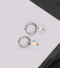 Load image into Gallery viewer, Minimalist hoop earrings with clear AB sugar cube charm, available in 15mm or 17mm sizes. Crafted from surgical steel, hypoallergenic and safe for sensitive ears.
