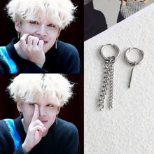 Load image into Gallery viewer, Asymmetrical 2-piece Different Design BTS Kpop Korean Earrings with 2cm Rectangle Charms and 3cm and 5cm Hoops, Hypoallergenic Surgical Stainless Steel.
