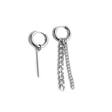 Load image into Gallery viewer, Asymmetrical 2-piece Different Design BTS Kpop Korean Earrings with 2cm Rectangle Charms and 3cm and 5cm Hoops, Hypoallergenic Surgical Stainless Steel.
