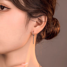 Load image into Gallery viewer, Minimalist hoop earrings with 2cm rectangle charm, available in 15mm or 17mm sizes. Crafted from surgical steel, hypoallergenic and safe for sensitive ears.
