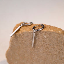 Load image into Gallery viewer, Minimalist hoop earrings with 2cm rectangle charm, available in 15mm or 17mm sizes. Crafted from surgical steel, hypoallergenic and safe for sensitive ears.
